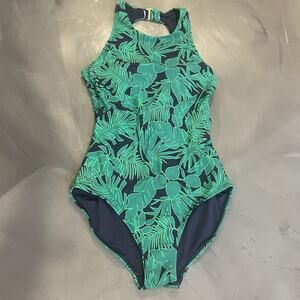 Lands’ End Women’s High Neck One-Piece‎ Emerald Navy Tropical Swimsuit Size M